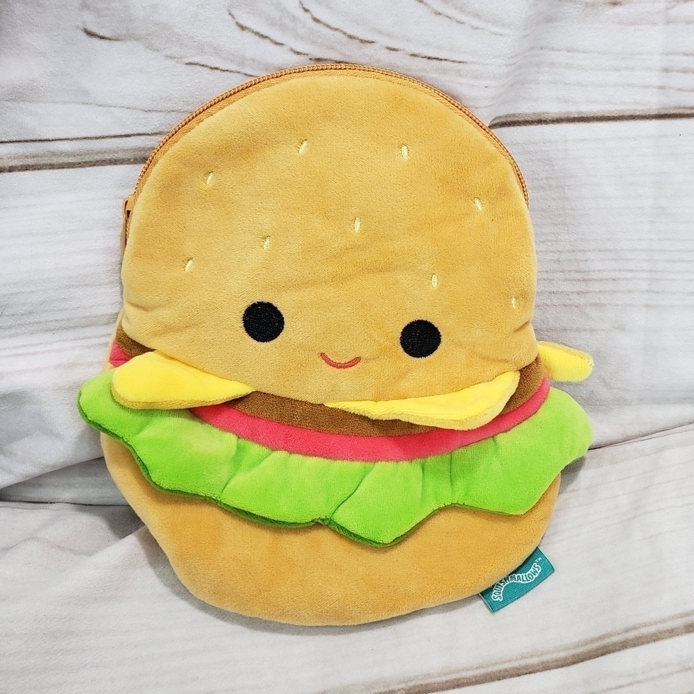 Squishmallows Carl The Cheeseburger Top Zip Pouch Bag Plush Satin Lining 8 Inch